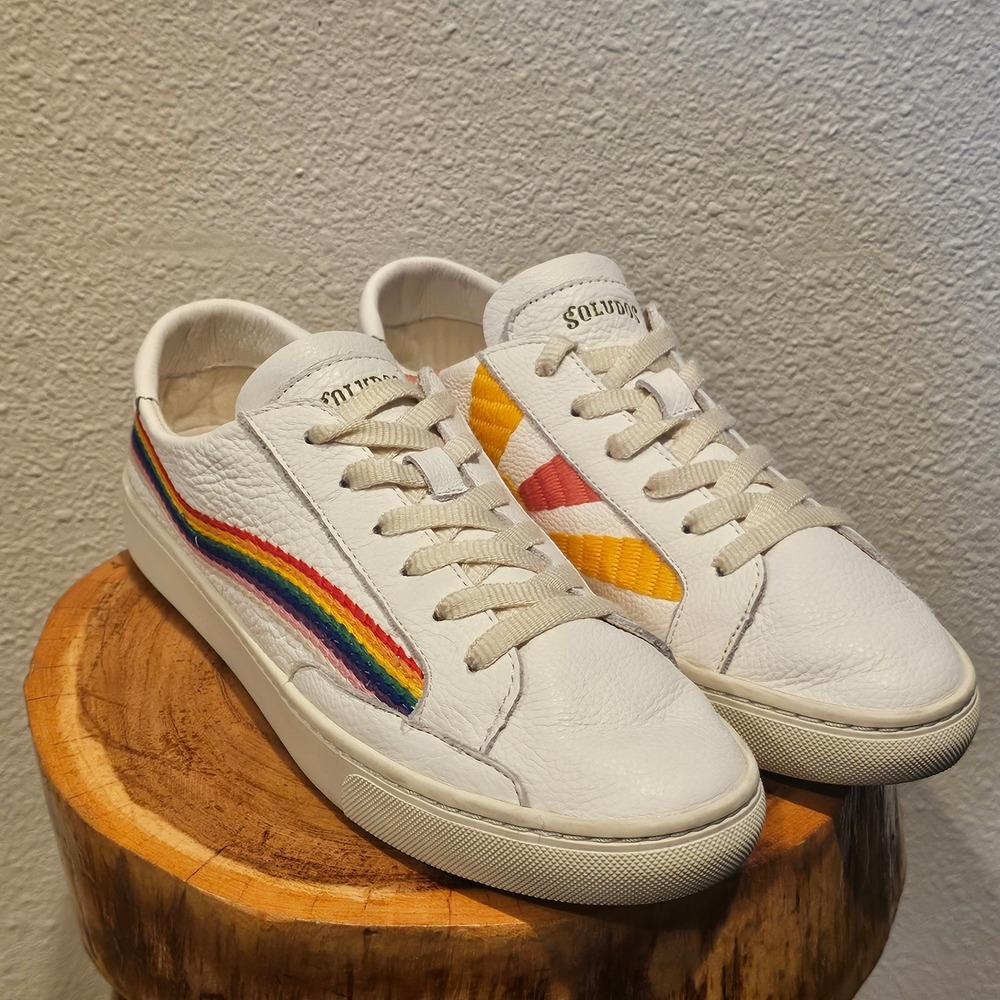 Soludos Good Vibes Rainbow Sun White Leather Sneakers Womens 9.5 Low Top Shoes